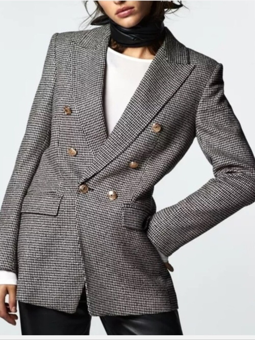 Zara Houndstooth Tweed Double Breasted Blazer Sz M 2761/255 Textured Gold Button